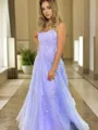 A-Line/Princess Spaghetti Straps Sweep Train Tulle Prom Dress With Appliques Lace