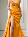 Sheath/Column Sweetheart Court Train Silk Like Satin Prom Dress With Leg Slit