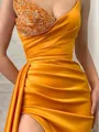 Sheath/Column Sweetheart Court Train Silk Like Satin Prom Dress With Leg Slit