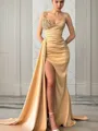 Sheath/Column Sweetheart Court Train Silk Like Satin Prom Dress With Leg Slit