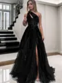 A-Line/Princess One-Shoulder Sweep Train Tulle Prom Dress With Leg Slit