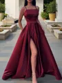 A-Line/Princess Spaghetti Straps Floor-Length Satin Prom Dress With Leg Slit