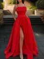 A-Line/Princess Spaghetti Straps Floor-Length Satin Prom Dress With Leg Slit