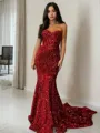 Sheath/Column Sweetheart Court Train Velvet Sequins Prom Dress With Ruffles