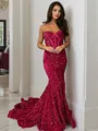 Sheath/Column Sweetheart Court Train Velvet Sequins Prom Dress With Ruffles