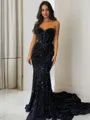 Sheath/Column Sweetheart Court Train Velvet Sequins Prom Dress With Ruffles