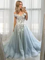 A-Line/Princess Off-the-Shoulder Sweep Train Tulle Prom Dress With Appliques Lace