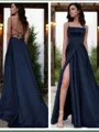 A-Line/Princess Spaghetti Straps Sweep Train Satin Prom Dress With Leg Slit