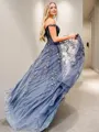 A-Line/Princess Off-the-Shoulder Sweep Train Tulle Prom Dress With Appliques Lace