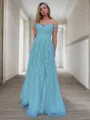 A-Line/Princess Off-the-Shoulder Sweep Train Tulle Prom Dress With Appliques Lace