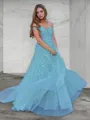 A-Line/Princess Off-the-Shoulder Sweep Train Tulle Prom Dress With Appliques Lace