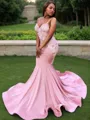 Trumpet/Mermaid V-neck Sweep Train Silk like Satin Prom Dress With Appliques Lace