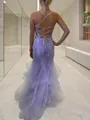 Sheath/Column V-neck Sweep Train Tulle Prom Dress With Ruffles
