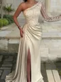 Sheath/Column One-Shoulder Sweep Train Silk Like Satin Prom Dress With Leg Slit