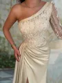 Sheath/Column One-Shoulder Sweep Train Silk Like Satin Prom Dress With Leg Slit