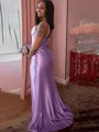 Sheath/Column Spaghetti Straps Sweep Train Silk Like Satin Prom Dress With Leg Slit