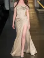 Sheath/Column Off-the-Shoulder Sweep Train Silk like Satin Prom Dress With Leg Slit