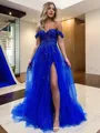 A-Line/Princess Off-the-Shoulder Sweep Train Tulle Prom Dress With Leg Slit