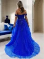 A-Line/Princess Off-the-Shoulder Sweep Train Tulle Prom Dress With Leg Slit