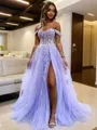 A-Line/Princess Off-the-Shoulder Sweep Train Tulle Prom Dress With Leg Slit