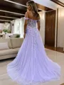 A-Line/Princess Off-the-Shoulder Sweep Train Tulle Prom Dress With Leg Slit