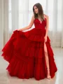 A-Line/Princess V-neck Sweep Train Tulle Prom Dress With Leg Slit