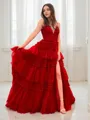 A-Line/Princess V-neck Sweep Train Tulle Prom Dress With Leg Slit