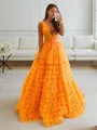 A-Line/Princess V-neck Floor-Length Tulle Prom Dress With Ruffles