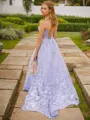 A-Line/Princess Spaghetti Straps Sweep Train Tulle Prom Dress With Appliques Lace