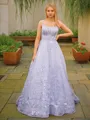 A-Line/Princess Spaghetti Straps Sweep Train Tulle Prom Dress With Appliques Lace