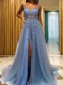 A-Line/Princess V-neck Sweep Train Tulle Prom Dress With Leg Slit