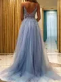 A-Line/Princess V-neck Sweep Train Tulle Prom Dress With Leg Slit