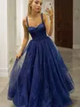 A-Line/Princess Straps Sweep Train Tulle Prom Dress With Ruffles