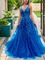A-Line/Princess V-neck Sweep Train Tulle Prom Dress With Appliques Lace