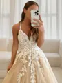 A-Line/Princess V-neck Floor-Length Tulle Prom Dress With Appliques Lace