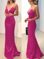 Sheath/Column V-neck Sweep Train Silk Like Satin Prom Dress