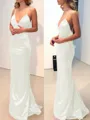 Sheath/Column V-neck Sweep Train Silk Like Satin Prom Dress