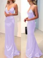 Sheath/Column V-neck Sweep Train Silk Like Satin Prom Dress