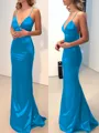 Sheath/Column V-neck Sweep Train Silk Like Satin Prom Dress