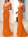 Sheath/Column V-neck Sweep Train Silk Like Satin Prom Dress