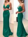 Sheath/Column V-neck Sweep Train Silk Like Satin Prom Dress