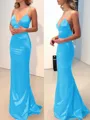 Sheath/Column V-neck Sweep Train Silk Like Satin Prom Dress