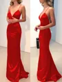 Sheath/Column V-neck Sweep Train Silk Like Satin Prom Dress