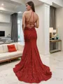 Sheath/Column V-neck Sweep Train Velvet Sequins Prom Dress With Leg Slit