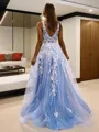 A-Line/Princess V-neck Sweep Train Tulle Prom Dress With Leg Slit