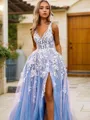 A-Line/Princess V-neck Sweep Train Tulle Prom Dress With Leg Slit