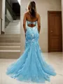 Sheath/Column Spaghetti Straps Sweep Train Lace Prom Dress With Leg Slit