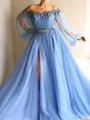A-Line/Princess Off-the-Shoulder Floor-Length Tulle Prom Dress With Leg Slit