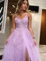 A-Line/Princess V-neck Floor-Length Tulle Prom Dress With Leg Slit