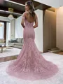 Sheath/Column Off-the-Shoulder Court Train Lace Prom Dress With Appliques Lace